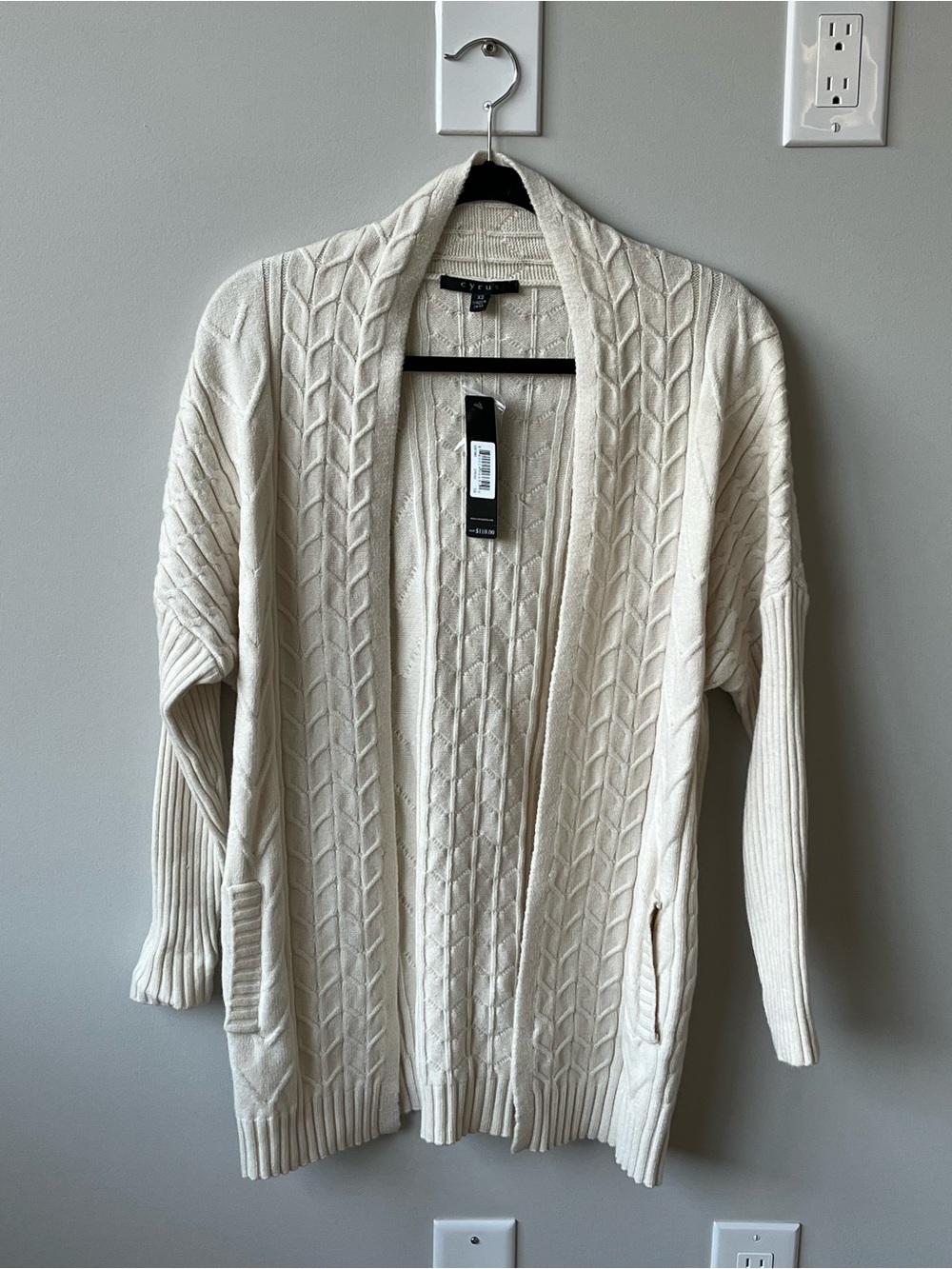 Cyrus Oversized Open Front Cable Knit Sweater Cardigan Pocket NEW XS Cream Ivory